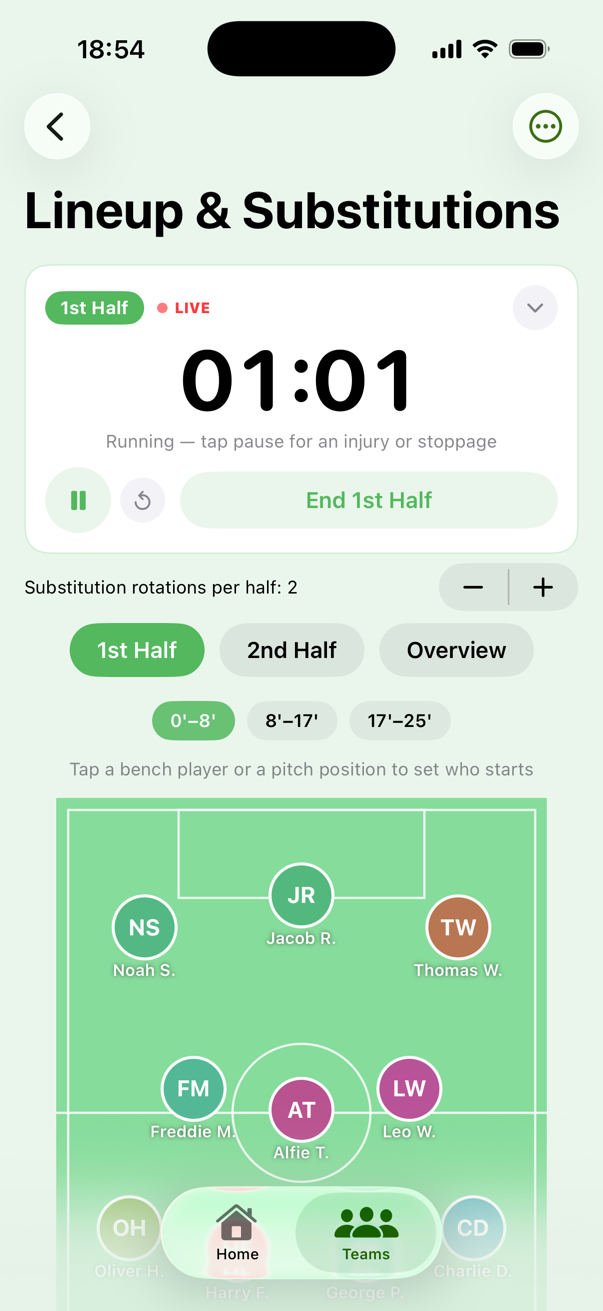 The match clock running live in the first half, with the lineup below it.